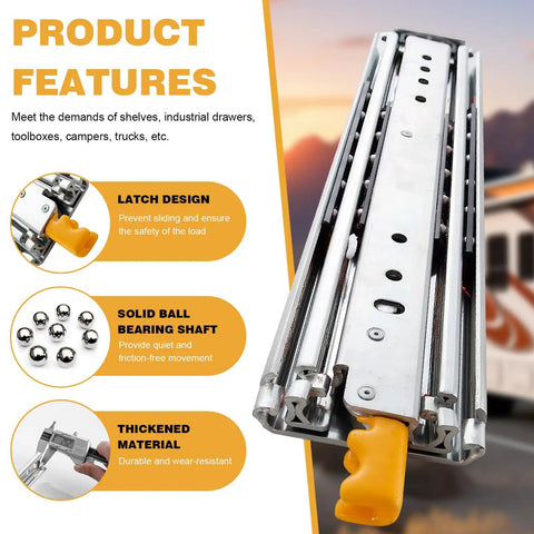 Heavy Duty Drawer Slides 44 Inch With Locking Runners And Metal Rails for side mount use, garage or workshop. Features latch design.