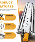 44 Inch Cabinet Locking Rail Set With Locking Runners and Full Extension Ball Bearing Slides for Heavy Duty Drawers Cold Rolled Steel Construction With Blue Zinc Finish for Rust Resistance, side view with latch