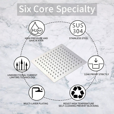 Diagram showing six core features of 16 inch square stainless steel rainfall shower head high pressure chrome finish with silicone jets.