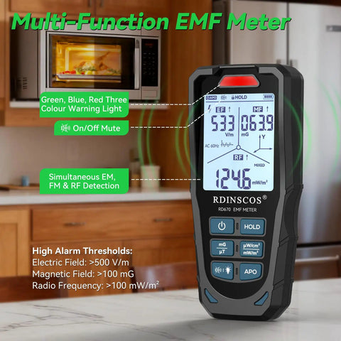 3 In 1 EMF Detector And Rechargeable EMF Meter For Home Use Office Setup And Travel, Measures Electric Field Magnetic Field And RF Radiation With Triple Axis X Y Z Detection And RF Signal Split For WiFi Phone And Microwave, handheld digital meter near microwave
