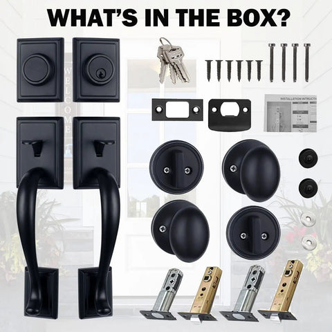 Contents of Matte Black Double Door Handleset With Keyed Entry And Dummy Exterior Handle Deadbolt Knob Reversible 2013DBSET