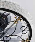 Arranmorelighting Caged Ceiling Fan with Lights Remote Control (#3) close-up of black metal frame and decorative glass shade.