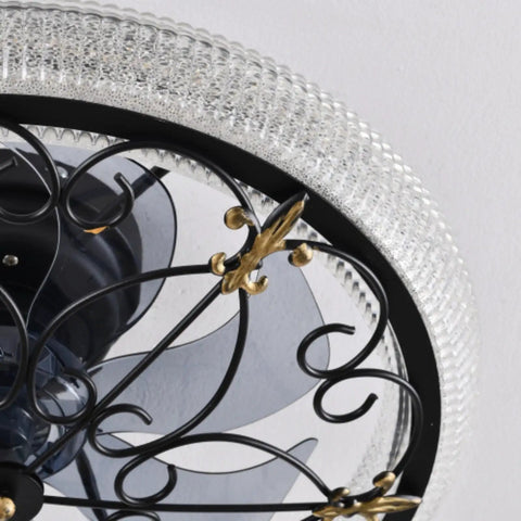 Arranmorelighting Caged Ceiling Fan with Lights Remote Control (#3) close-up of black metal frame and decorative glass shade.