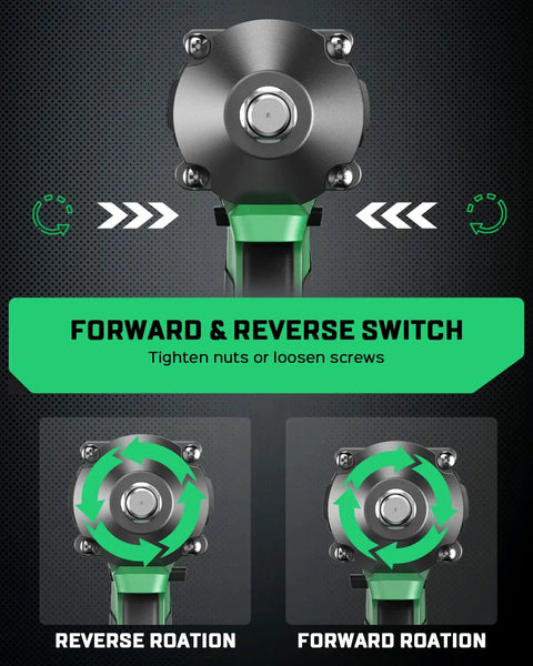 Cordless Brushless Impact Wrench Kit With 650 Nm Torque Half Inch Drive, forward and reverse rotation switch feature