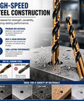 Badass 115 Piece HSS Drill Bit Set Featuring Jobber Length Twist Bits Ranging From One Sixteenth To One Half Inch For No Sweat Drilling Through Metal Plastic Wood And Cast Iron In A Solid Indexed Case showing high-speed steel drill bits on a metal surface.