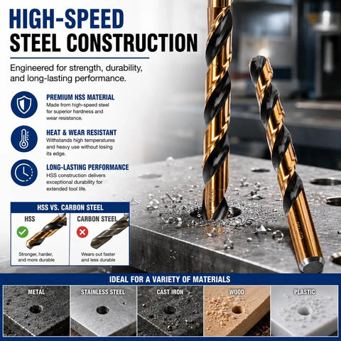 Badass 115 Piece HSS Drill Bit Set Featuring Jobber Length Twist Bits Ranging From One Sixteenth To One Half Inch For No Sweat Drilling Through Metal Plastic Wood And Cast Iron In A Solid Indexed Case showing high-speed steel drill bits on a metal surface.