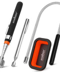 HORUSDY 4-piece magnetic pickup tool kit: extendable magnet picks, bendable sweeper, and orange-trim parts tray.