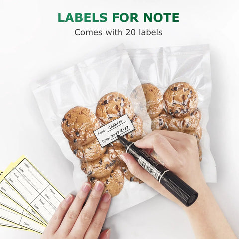 Hands labeling bag with cookies using Pint Size Vacuum Sealer Bags 100 Pack 6x10 Inches Heavy Duty Commercial Grade Precut Storage Bags For Sous Vide And Meal Prep, BPA Free, Vacuum Safe, Premium Seal, Keeps Food Fresh And Flavorful