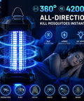 Beast 4200V Bug Zapper Indoor Outdoor Mosquito Killer with UV light attracting mosquitoes, with a person asleep nearby.