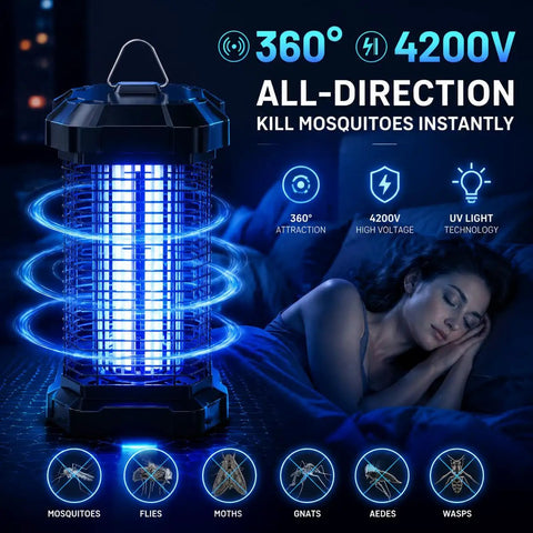 Beast 4200V Bug Zapper Indoor Outdoor Mosquito Killer with UV light attracting mosquitoes, with a person asleep nearby.
