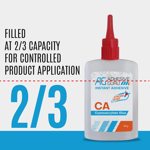 Fast Setting CA Glue With Activator Two Pack For Woodworking And DIY Projects, bottle front view, 2/3 filled, 100g