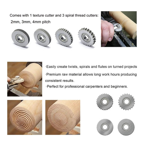 Pro Grade Texture Woodturning Tool Set With Spiral Thread Cutters 2mm 3mm 4mm Pitch Wheel Cutter Texturing System displayed