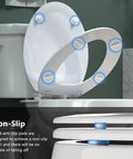 Top Shelf Molded Wood Toilet Seat Slow Close Lid High Gloss White Elongated Shape with anti-slip pads on a toilet.