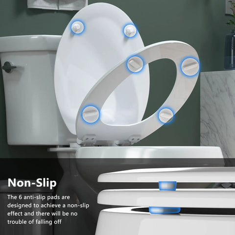Top Shelf Molded Wood Toilet Seat Slow Close Lid High Gloss White Elongated Shape with anti-slip pads on a toilet.