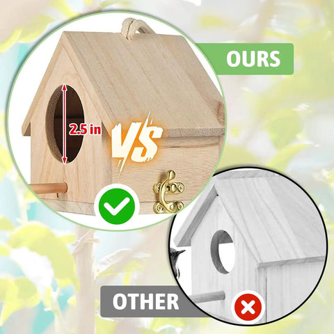 Wooden Bird House Hanging Outdoor Nest Box For Garden Decor vs competitor with size comparison and design features.