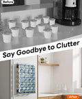 Image showing a cluttered counter with K-Cups and an organized setup using a Magnetic K Cup Holder For Fridge And Office Counter, 24 K Cup Acrylic Pod Organizer With Magnets.