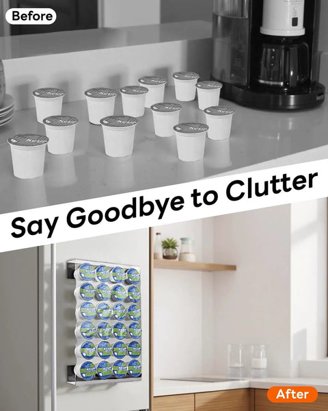 Image showing a cluttered counter with K-Cups and an organized setup using a Magnetic K Cup Holder For Fridge And Office Counter, 24 K Cup Acrylic Pod Organizer With Magnets.