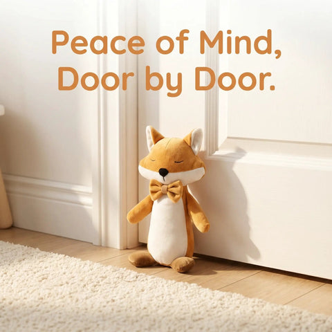 Fox Shaped Plush Door Stopper With Cotton Filling beside white door on wooden floor, heavy duty proofing pinch guard visible.
