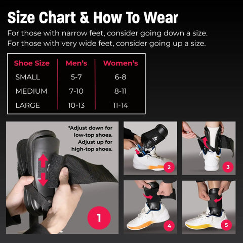 Size chart and fitting guide for T2 Ankle Brace With Rigid U Shaped Shell For Maximum Stability Lightweight EVA Padding Adjustable Fit.