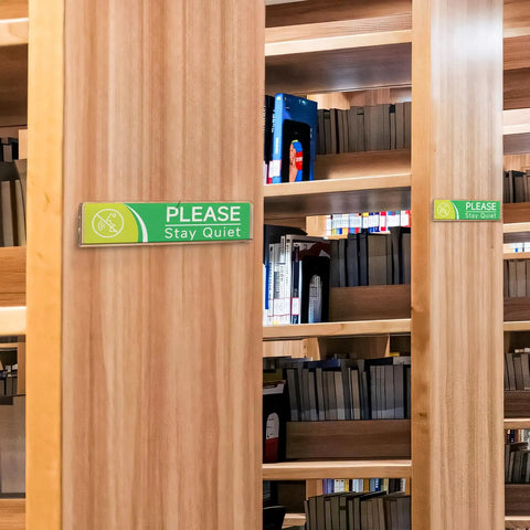 Clear Acrylic Door Name Plates 2x8 Inches 5 Pack With Adhesive Tape Easy Paper Insertion mounted on wood bookshelves