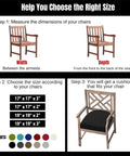 Size guide for outdoor chair cushions showing measurements and color options for selecting the right fit.