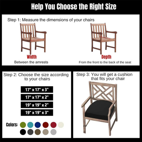 Size guide for outdoor chair cushions showing measurements and color options for selecting the right fit.