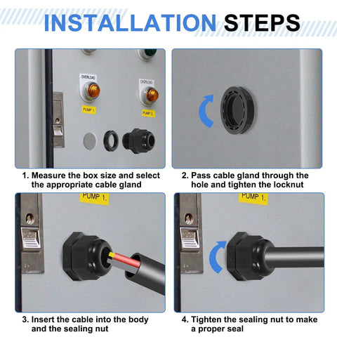 Installation steps for Five Piece G Half Inch Nylon Cable Glands Waterproof Cord Grip Connector with adjustable wire grommet