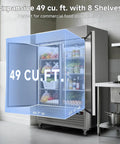 Heavy Duty 49 Cu Ft Commercial Reach In Fridge With WiFi App Controls and Slick Touch Displays showing spacious 49 cu ft with 8 shelves.