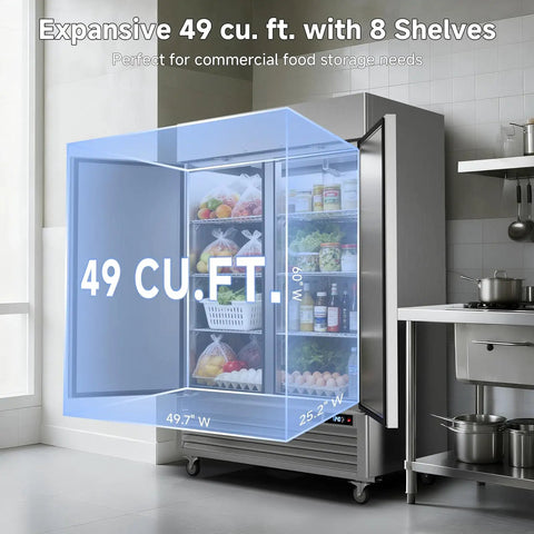 Heavy Duty 49 Cu Ft Commercial Reach In Fridge With WiFi App Controls and Slick Touch Displays showing spacious 49 cu ft with 8 shelves.