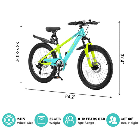 24 Inch Kids Mountain Bike With Front Suspension, 1 Or 7 Speed Gears, Adjustable Seat Height, Front And Rear Disc Brakes