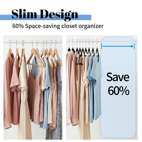 Black Velvet Hangers 20 Pack Space Saving Non Slip With Tie Bar Shoulder Notches Heavy Duty ABS Hangers show 60% space saving closet.