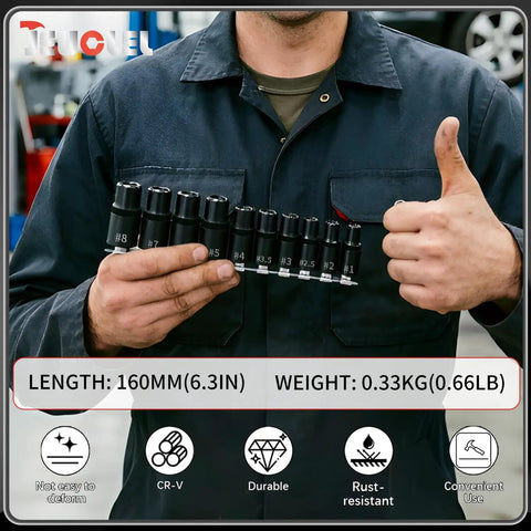 Person holding Magnetic Tap Socket Wrench Set Ten Piece With One Fourth Inch And Three Eighth Inch Drive Tap Holders