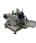 Slick Automatic Desktop Conveyor Bottle Labeler Workhorse High Speed Round Container Labeling Machine With Smooth Half Circle Application and Knockout Speed For Beverages Cosmetics And Food Retail 110V side view.
