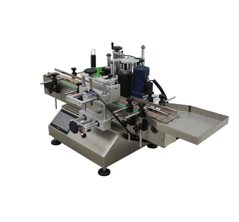 Slick Automatic Desktop Conveyor Bottle Labeler Workhorse High Speed Round Container Labeling Machine With Smooth Half Circle Application and Knockout Speed For Beverages Cosmetics And Food Retail 110V side view.