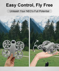 Person holding drone with Colorful Drone Propellers For Neo 2 Quiet Low Noise Paddle Style Replacement Set In Crystal Gray Finish