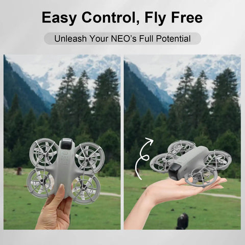 Person holding drone with Colorful Drone Propellers For Neo 2 Quiet Low Noise Paddle Style Replacement Set In Crystal Gray Finish