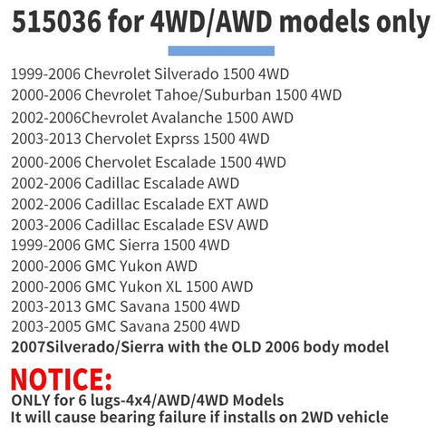 Text listing vehicles compatible with Front Wheel Hub Bearing Assembly 515036 for Chevy Silverado 1500 1999-2006 4x4 OE Replacement.