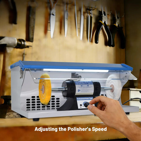 Pro Grade Heavy Duty 500W Jewelry Bench Polisher With Integrated Dust Collector And Adjustable Speed Control For Serious Jewelers Kickin Torque Motor Double Head Grinding Buffing Station with speed control adjustment.