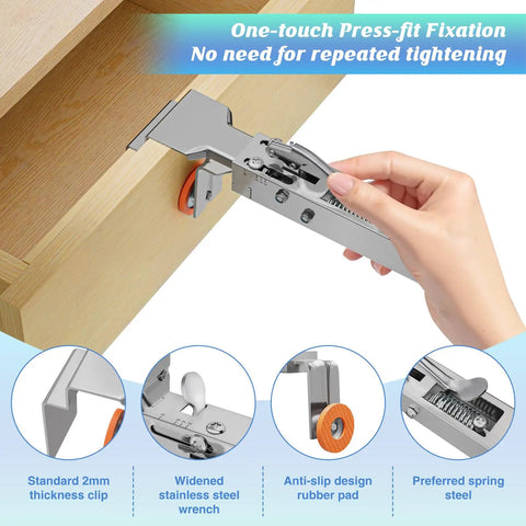 Close-up of 2 Pack Adjustable Drawer Front Installation Clamps Lock Down Cabinet Hardware Alignment Jig in use on a drawer.