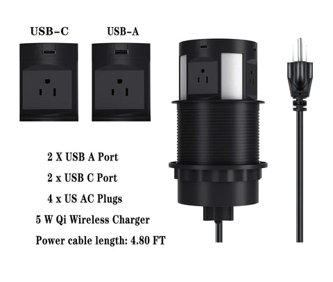 Automatic Pop Up Outlet For Countertops With Recessed Power Strip 4 AC Outlets 2 USB A 2 USB C And Wireless Charging Station image