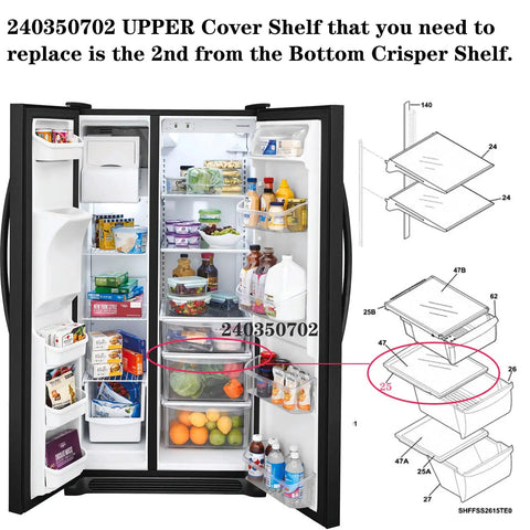 Open fridge showing Upgraded Fridge Crisper Pan Cover And Drawer Shelf Frame Replacement For Frigidaire And Kenmore 240350702