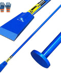 Two In One Beefy Post Hole Digging And Tamping Tool With Forty Eight Inch Dig Bar Spade Blade On One End And Round Tamper On The Other Heavy Duty Welded Steel For Fence Posts Landscaping And Gardening, shown with blue handle and bonus gloves.