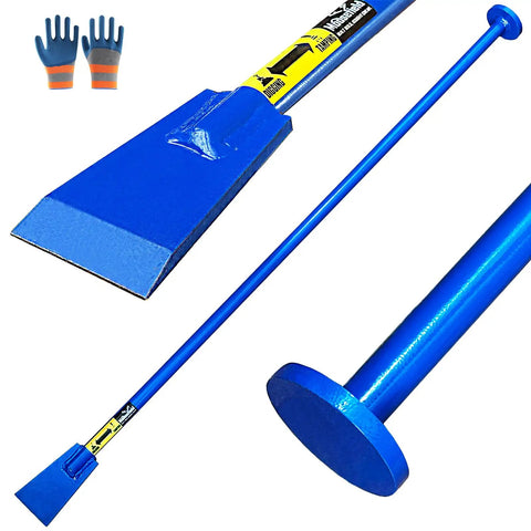 Two In One Beefy Post Hole Digging And Tamping Tool With Forty Eight Inch Dig Bar Spade Blade On One End And Round Tamper On The Other Heavy Duty Welded Steel For Fence Posts Landscaping And Gardening, shown with blue handle and bonus gloves.