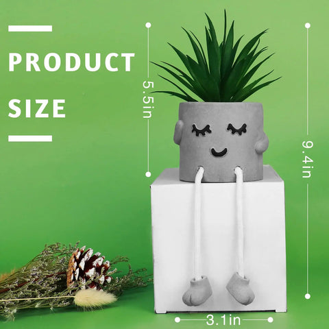 Small Artificial Plant In Cement Pot With Hanging Leg For Home Office Decor on green background showing size dimensions