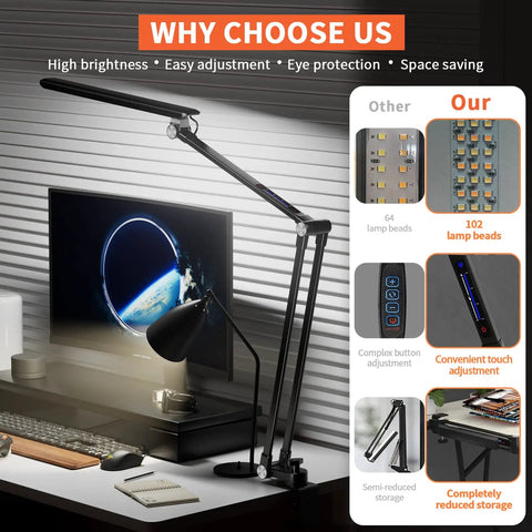 Led Desk Lamp With Swing Arm And Clamp Dimmable Ten Color Modes From 2700K To 7000K Ten Brightness Levels Eye Friendly Clip On Light