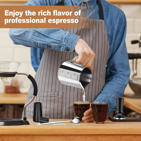 Barista using All-In-One 58mm Espresso Accessories Kit With Spring-Loaded Calibrated Tamper, WDT Tool, Milk Pitcher, and more