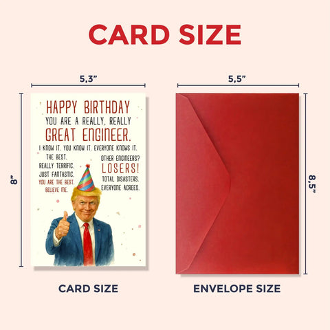 Funny Engineer Birthday Card For Men, Nerdy Yet Heartfelt Greeting Card For Christmas, Birthday, Fathers Day Or Work Milestones, Premium Quality Card Stock With Modern Engineering Design, shown with red envelope, dimensions listed