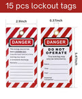 Pro Grade Lockout Tagout Kit For Industrial Electrical Safety With 42 Piece Set Including 15 lockout tags shown with dimensions.