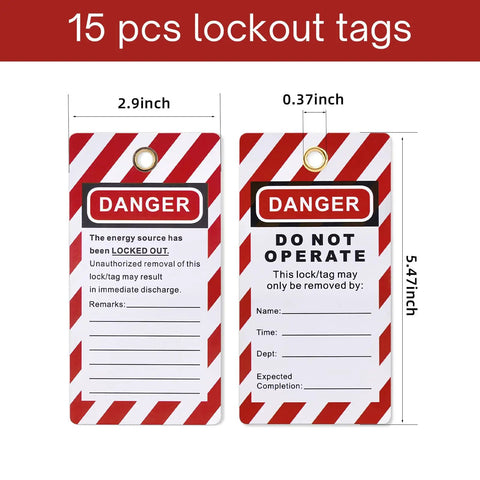 Pro Grade Lockout Tagout Kit For Industrial Electrical Safety With 42 Piece Set Including 15 lockout tags shown with dimensions.