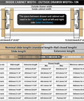 Diagram showing measurements for push to open 45mm drawer slides with quiet glide three-section rail, 10 inch length, no jam.